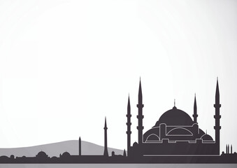 Naklejka premium Silhouette of Historic Mosque with Minarets on Gray Background with Copy Space