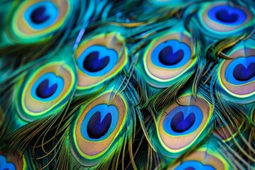 Vibrant peacock feathers display stunning colors and intricate patterns. An artistic perspective highlights their beauty. Perfect for nature lovers and art enthusiasts. Generative AI