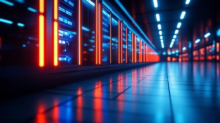 Fototapeta premium A futuristic server room with red and blue neon lights, showcasing the advanced technology and powerful computing capabilities of a modern data center. The image evokes concepts of innovation, connect