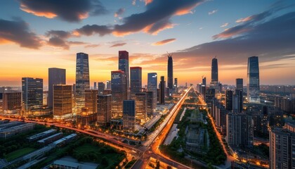 Obraz premium Modern City Skyline at Sunset with Illuminated Skyscrapers