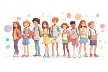 Obraz premium A group of cool school kids, boys and girls, around 9 years.. pastel tones on white background