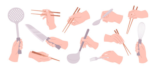 Hands holding utensils. Hand cooking and eating, hold kitchen tools. Spoon chopsticks knife fork in human arm food preparation, racy vector set