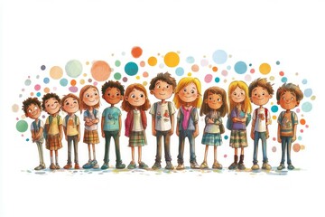 Obraz premium A group of cool school kids, boys and girls, around 9 years.. pastel tones on white background