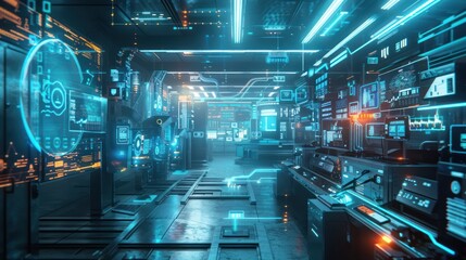 Futuristic Control Room with Blue Lights