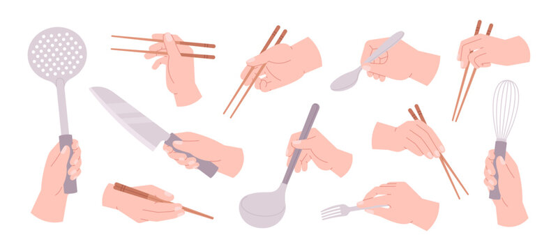 Hands holding utensils. Hand cooking and eating, hold kitchen tools. Spoon chopsticks knife fork in human arm food preparation, racy vector set