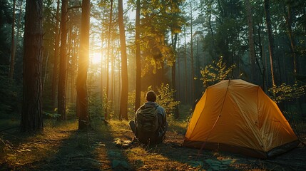 A lone hiker sits in the golden light of sunrise in a forest clearing, near a yellow tent.