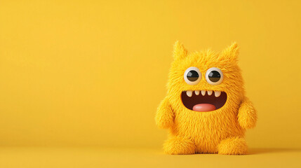 This adorable furry monster is giggling with joy against bright yellow background, radiating happiness and playfulness. Its vibrant color and expressive features make it delightful character