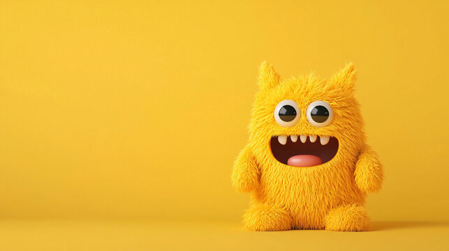 This adorable furry monster is giggling with joy against bright yellow background, radiating happiness and playfulness. Its vibrant color and expressive features make it delightful character
