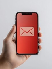 A hand holds a smartphone displaying a red screen with a white envelope icon, symbolizing the frustration of being left on read, ignored messages, and the digital disconnect in modern communication.