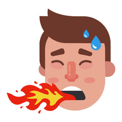 man eats spicy food. severe heartburn in a man. fire from the mouth