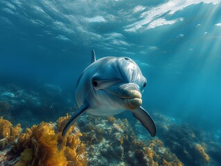 Obraz premium A dolphin gracefully swimming underwater in a clear blue ocean, with rays of sunlight piercing through and highlighting its movements.