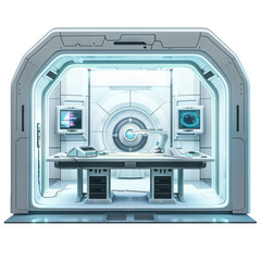 Fototapeta premium Futuristic laboratory with large computer screens, showing graphs and charts, on a white background
