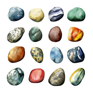 A vibrant collection of colorful stones with unique textures and patterns, perfect for decorative or artistic purposes., isolated on a transparent background.