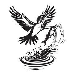 Obraz premium River Kingfisher Clipart Silhouette - Common Kingfisher Catching a fish Silhouette illustration in a White Background