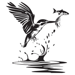 River Kingfisher Clipart Silhouette - Common Kingfisher Catching a fish Silhouette illustration in a White Background