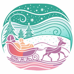 Sleigh pulled by deer with joyful figures in a whimsical winter landscape