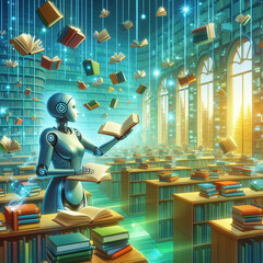 The robot librarian at work reads a book and searches for the necessary information in the library.