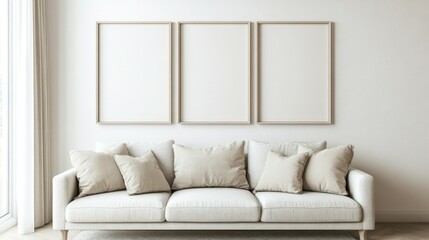 a mockup for wall art, clean white interior with beige tones, a couch against the wall, 3 portrait size frames on the wall, 