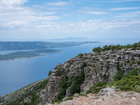 View of the beach Viz and Hvar Island from the peak of Vidova Gora, Brac Island, Croatia