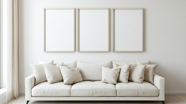 a mockup for wall art, clean white interior with beige tones, a couch against the wall, 3 portrait size frames on the wall, 