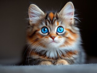 A close-up of a small tabby kitten with striking blue eyes, showcasing its curious expression and detailed fur patterns, set against a soft dark background.