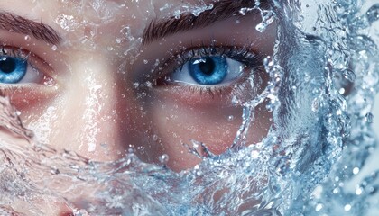 A close-up of a face partially submerged in water, showcasing captivating blue eyes surrounded by sparkling droplets.