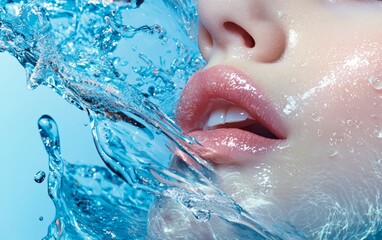 Fototapeta premium A close-up of a woman's lips surrounded by splashing water, showcasing beauty and freshness with vibrant colors and textures.