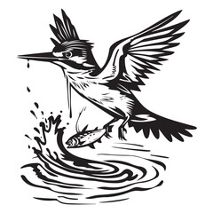 River Kingfisher Clipart Silhouette - Common Kingfisher Catching a fish Silhouette illustration in a White Background