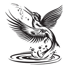 River Kingfisher Clipart Silhouette - Common Kingfisher Catching a fish Silhouette illustration in a White Background