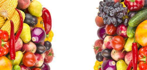 vegetables and fruit food - collage. There is free space for text. Wide photo.