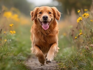 A cheerful Golden Retriever runs down a path adorned with yellow flowers, radiating happiness and energy, making for a picturesque and heartwarming scene.