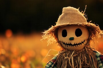 Scarecrow Face Close Up in a Field at Sunset