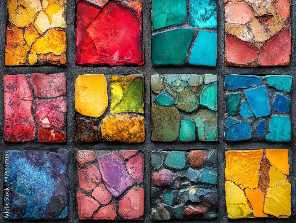 Poster a vibrant and colorful mosaic made of textured, cracked, and broken tiles arranged creatively, exemp