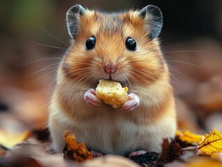 This image captures a hamster with its paws holding food. The close-up highlights its adorable features, conveying a sense of cuteness and innocence.