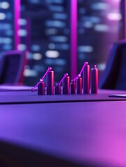 A modern boardroom setting, illuminated by neon lights, with a focus on a bar graph symbolizing growth, success, strategy,  and data visualization.