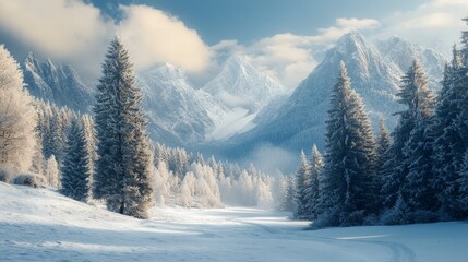 Winter outdoor tree snowy pines forest background