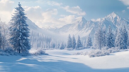 Fototapeta premium Winter outdoor tree snowy pines forest background