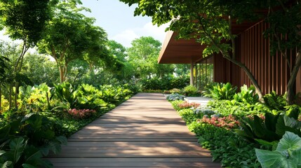 Fototapeta premium A modern landscape architecture design featuring a serene garden path leading towards a contemporary building. Lush greenery and vibrant foliage create a tranquil and inviting atmosphere.