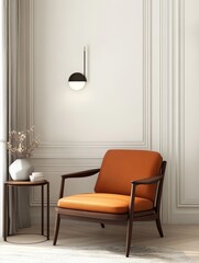 A modern living room featuring a comfortable orange armchair placed against a white wall with minimalist wall decor. The room exudes a sense of calm and sophistication with its clean lines and neutral