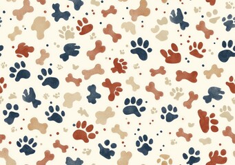 A seamless pattern of dog paw prints and bones in muted shades of red, blue, brown, and beige on a cream background.