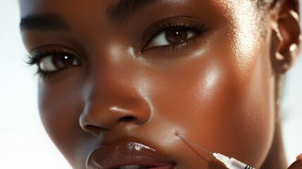 Lip Botox injections concept. Young woman getting beauty injection in her lips, doctors hand in gloves holding syringe with filler next to woman mouth. Banner background beauty procedure design