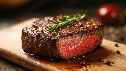 A perfectly cooked steak, seared to perfection with a juicy red center. This steak is ready to be enjoyed with your favorite sides.