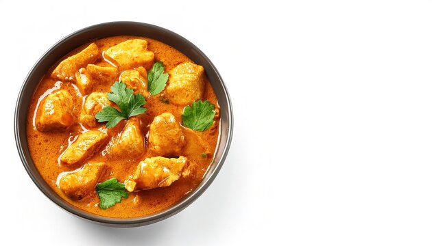 Tasty homemade chicken curry dish from Indian cuisine stewed in an onion and tomato based sauce, flavored with ginger, garlic, tomato puree, chili peppers and a variety of spices. Isolated on white