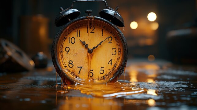 An old clock partially submerged in liquid, creating a moody atmosphere.