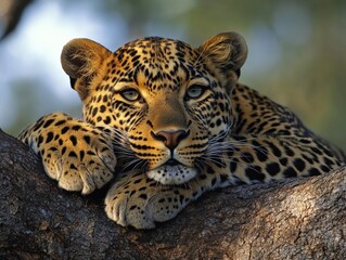 Obraz premium A captivating photograph of a leopard lying on a tree branch, comfortably perched while observing its surroundings. The leopard's expressive eyes and elegant spots are highly detailed.