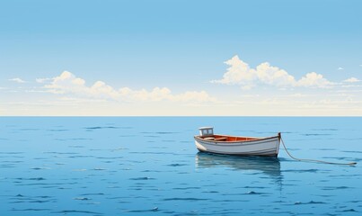 Fototapeta premium A minimalist illustration of a single boat on a vast ocean with a pale blue sky