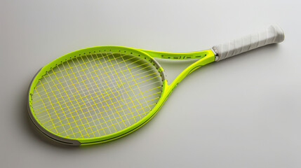 A futuristic tennis racket, aerodynamic design with advanced materials, predominant colors in silver and neon green.