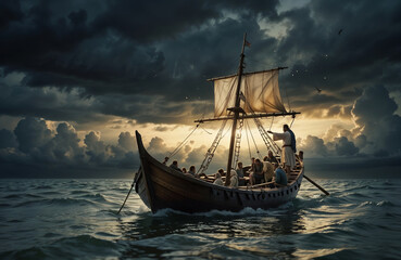 Jesus and his disciples in a boat during a storm, conveying trust, leadership, and the calming of fears.