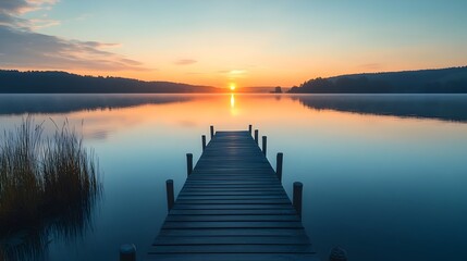 Naklejka premium Peaceful Pier Stretching Across a Serene Lake at Magical Sunrise