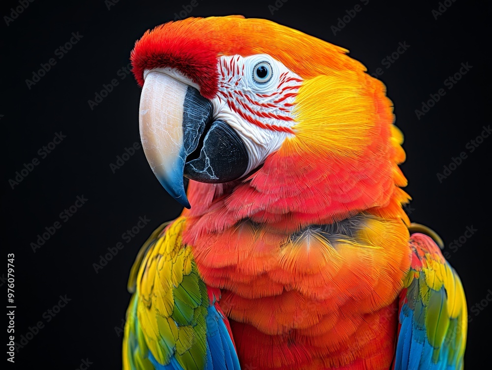 Poster a bright parrot's close-up reveals intricate feather patterns, showcasing a burst of colors. set aga